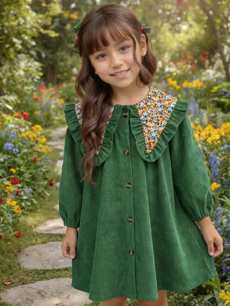 girls pink and green floral corduroy dress fall winter The Floral Embroidered Corduroy Dress (Women)