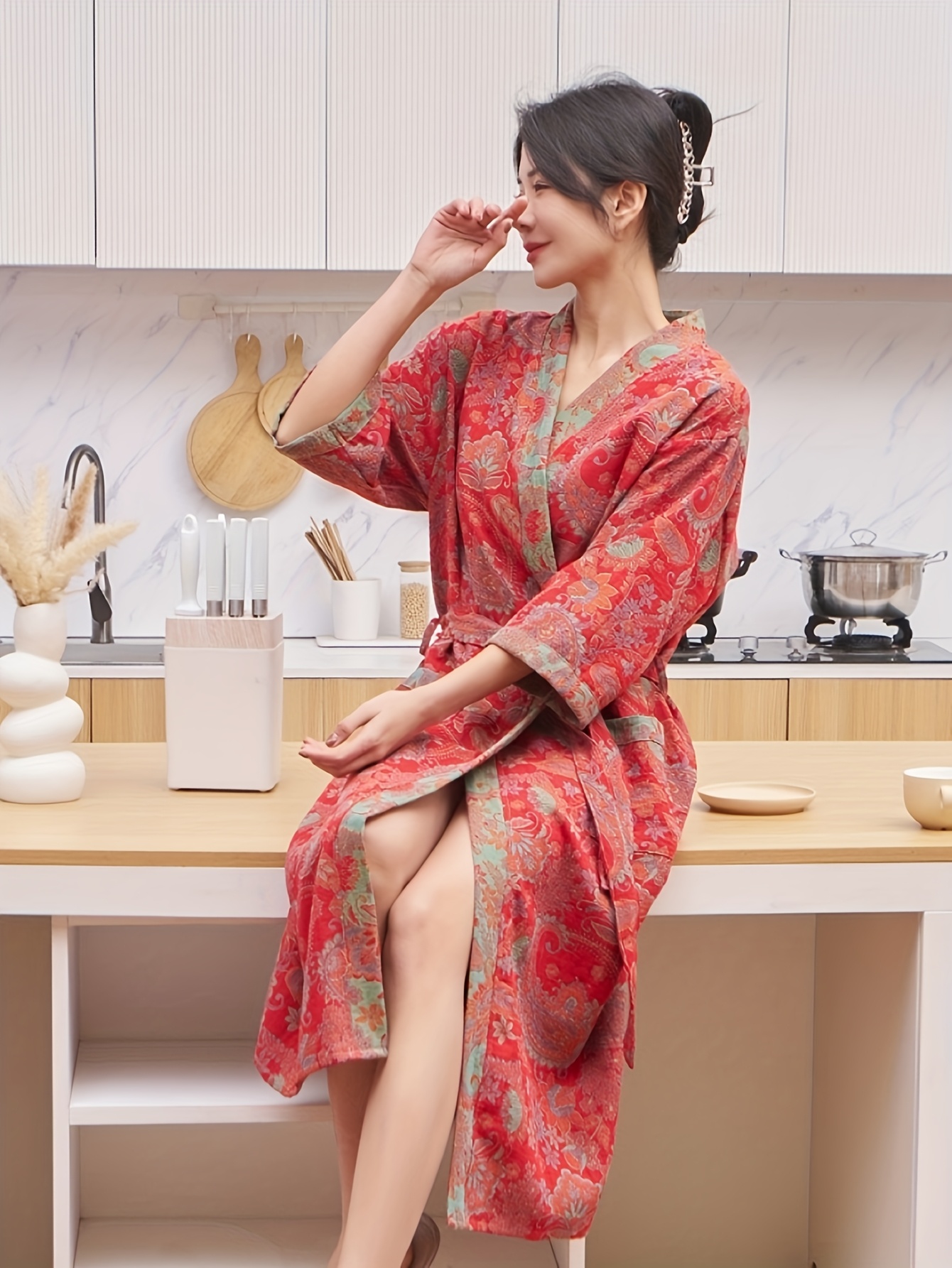 womens japanese kimono bathrobe elegant floral robe belt - Temu Norway, image size:800x1066