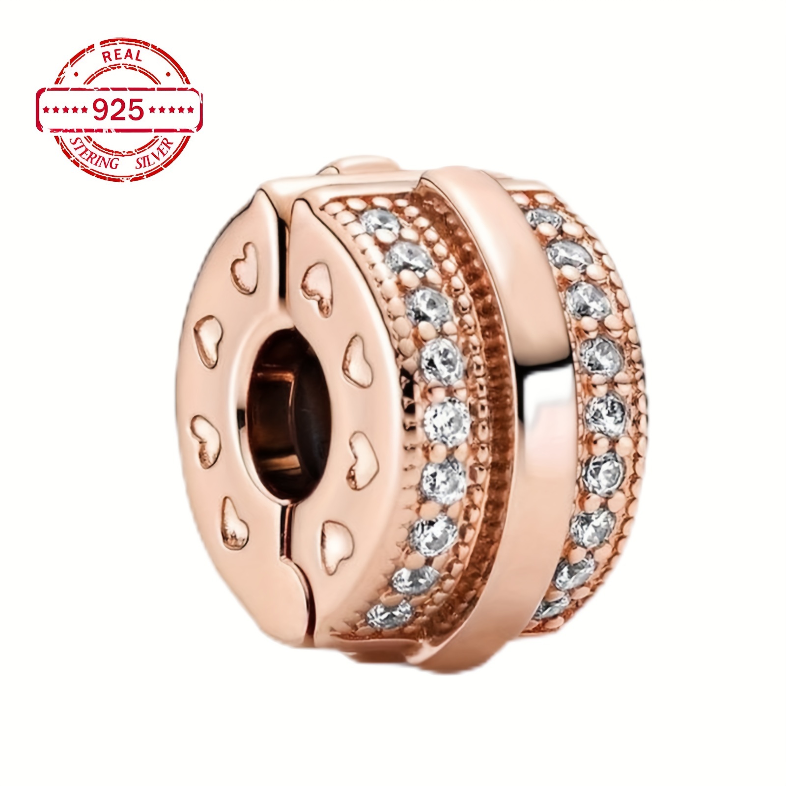 

S925 Sterling Silver Sparkling Pave Lines Rose Gold Clip Charm Pendant Fit Women European Moment Bracelet & Necklace Luxury Gift Diy Jewelry Making