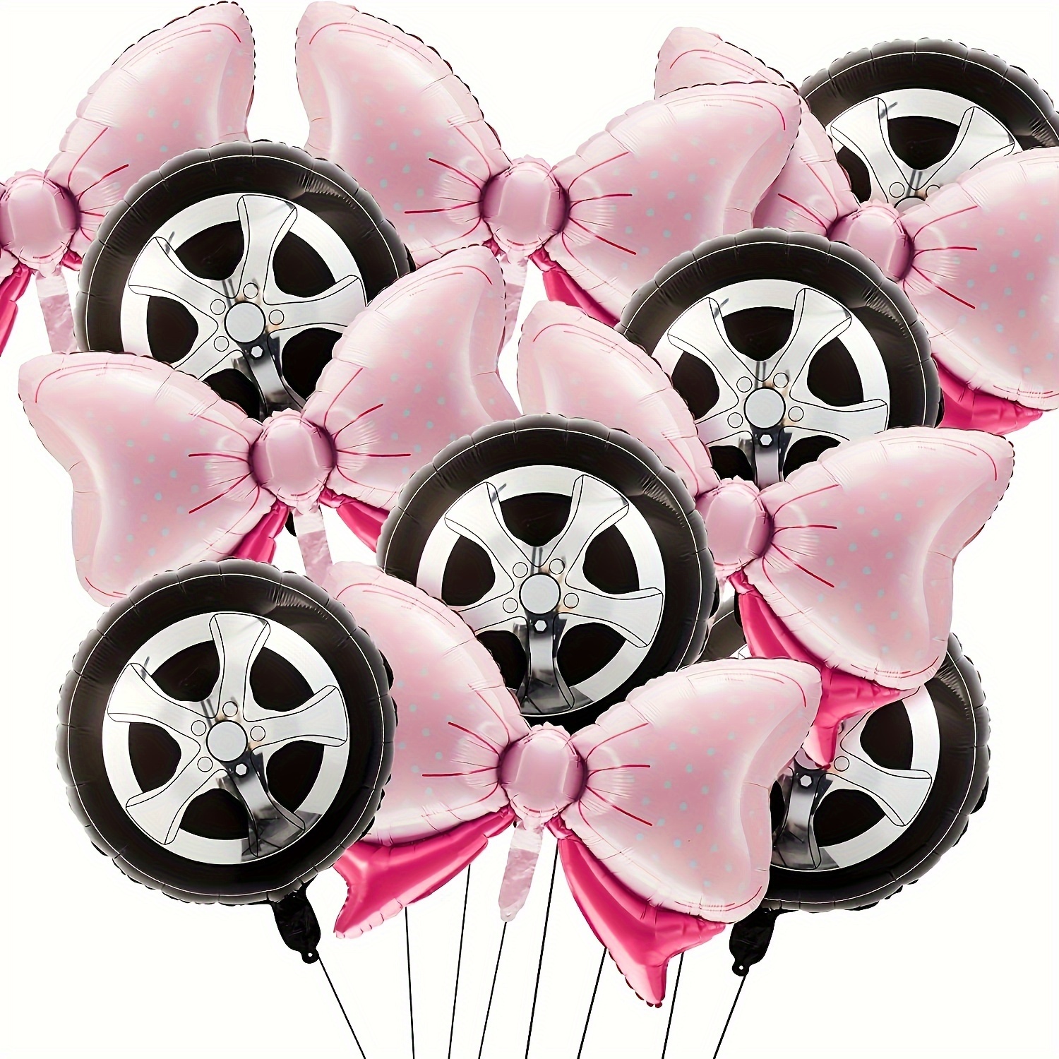 

12pcs Black And White Wheels Pink Bow Aluminum Film Balloon Set, Camping Theme Party Arrangement Decoration, Graduation Bridal Gift, Party Background Decoration, Wedding Birthday Party Supplies