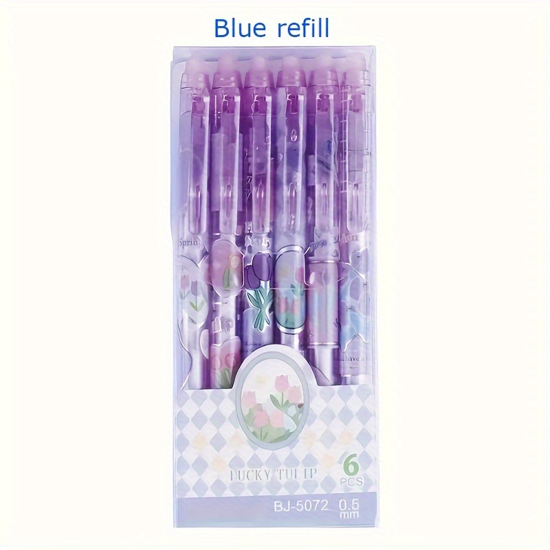 Image of Set Of 6 Erasable Gel Ink Pens, Flower-shaped Pens That Are Easy To Store, Featuring A 0.5mm Fine Tip To , Suitable For Office And Home Stationery (black And Blue Ink - Tulip Design