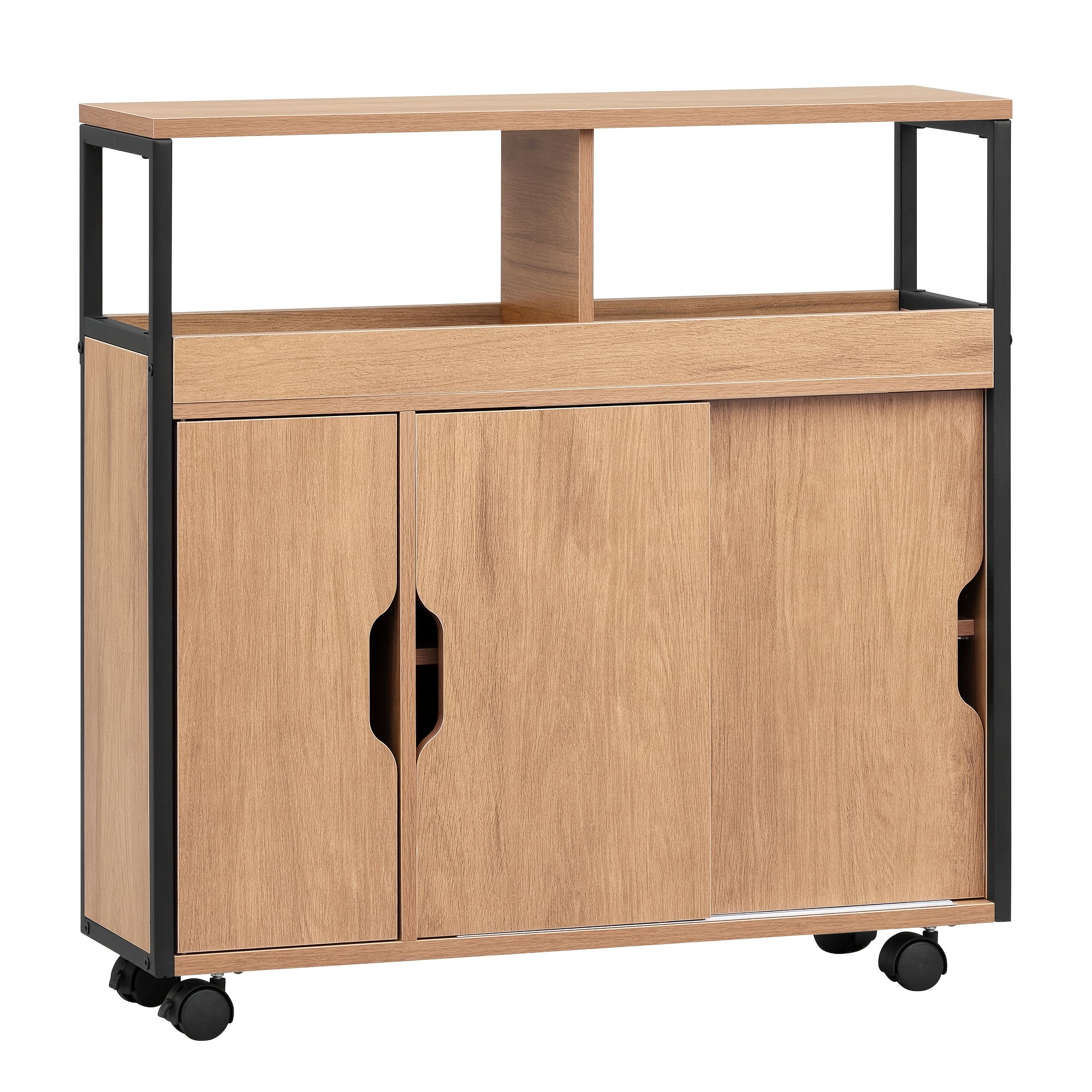 Storage Rack On Wheels, Narrow Trolley With 2 Open Compartments, Adjustable Dividers, Sliding Doors, 70 X 70 X 20cm, Light Oak Black