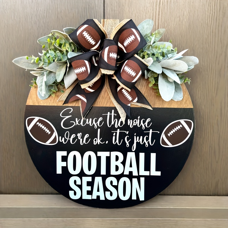 TEMU Football Season Wreath - " " Rustic Wooden Door Hanger With Burlap Bow, Eucalyptus Leaves & Football Decor For Autumn Home, For Man Cave, Sports
