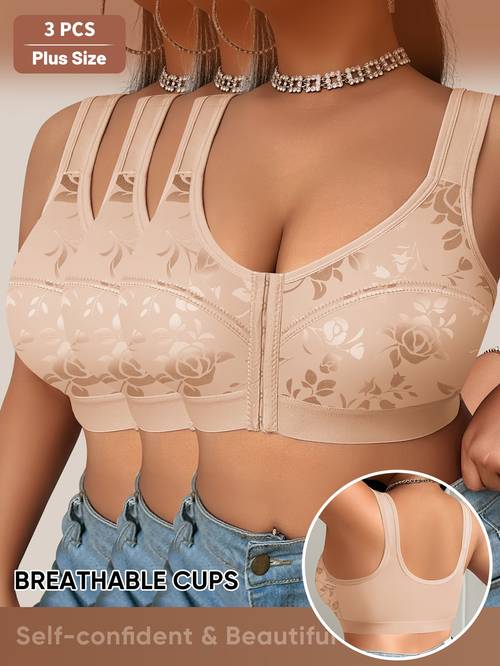 set of 3 womens bras plus size wire free elegant style thin cup front closure 26ss