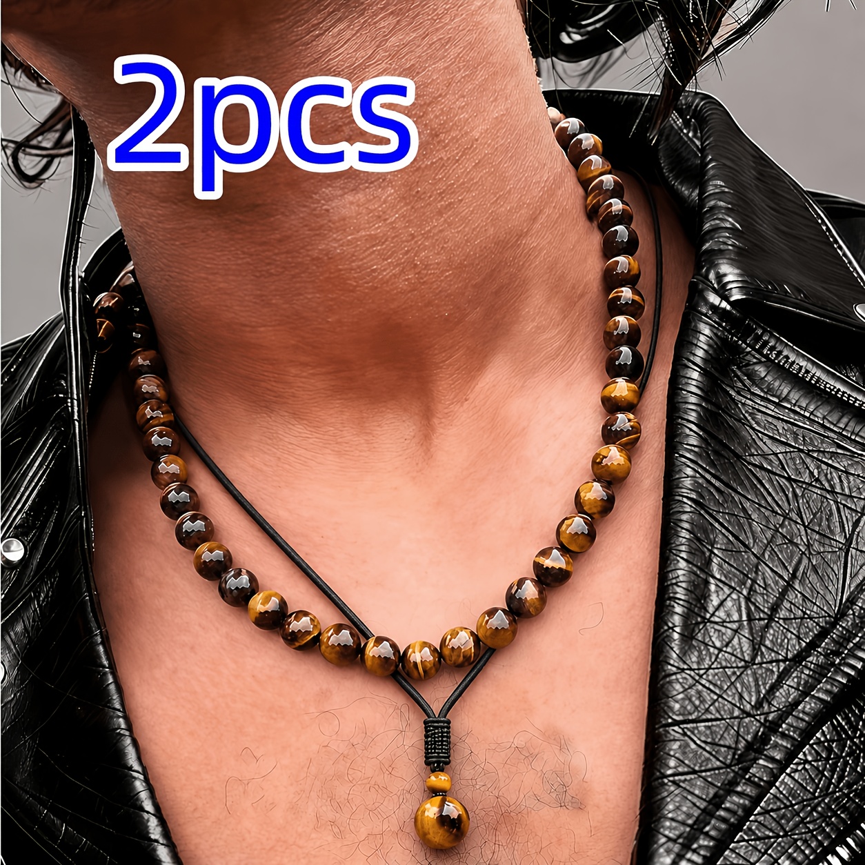 TEMU Ensemble de 2 pièces : Collier en œil de tigre de 14 mm et de cou en œil de tigre de 8 mm, convient pour un port , accessoire toutes , choix de