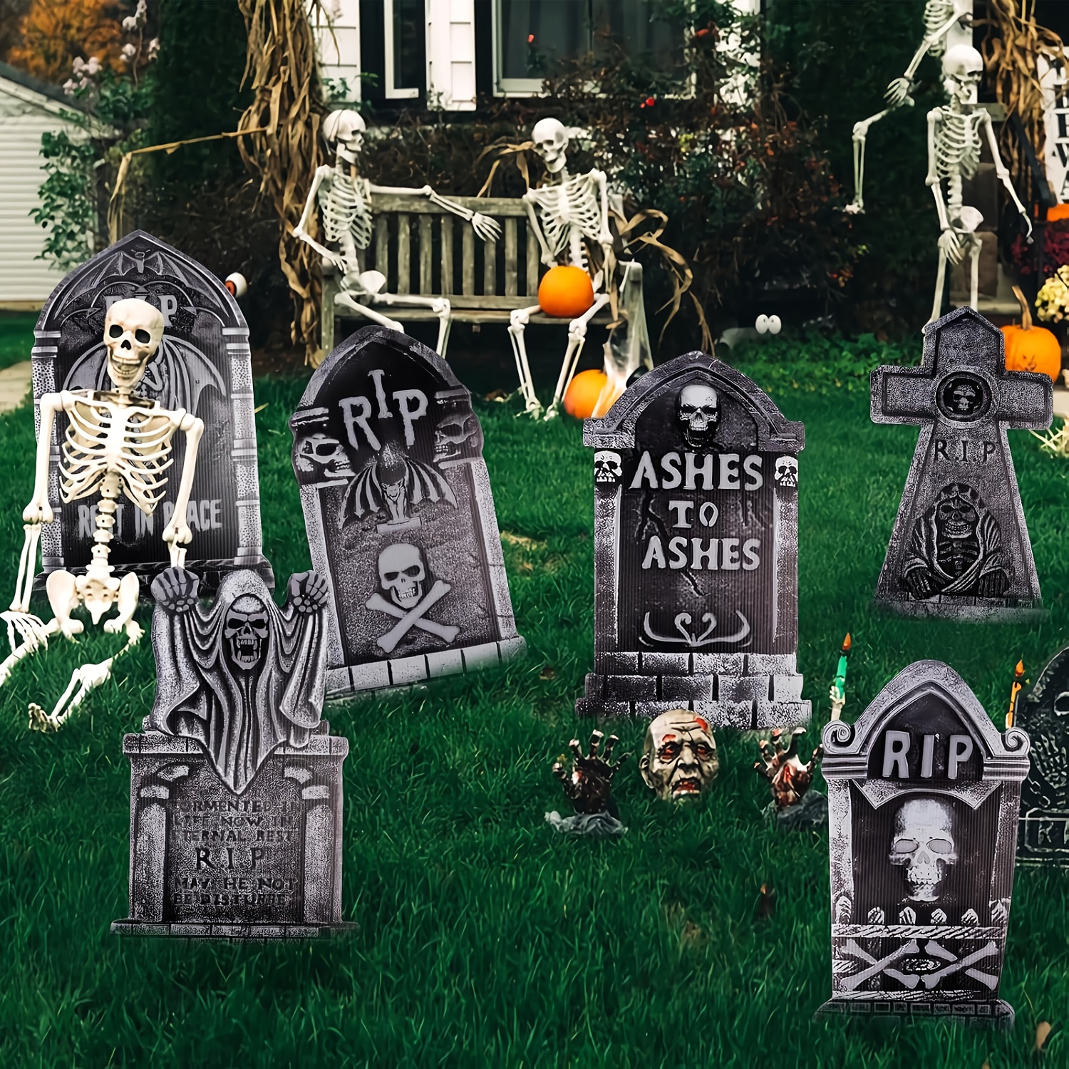 Image of Larber 6pcs Halloween Tombstones Outdoor Halloween Graveyard Decorations With Skeleton Bats , Halloween Gravestones Rip For Halloween Lawn Yard