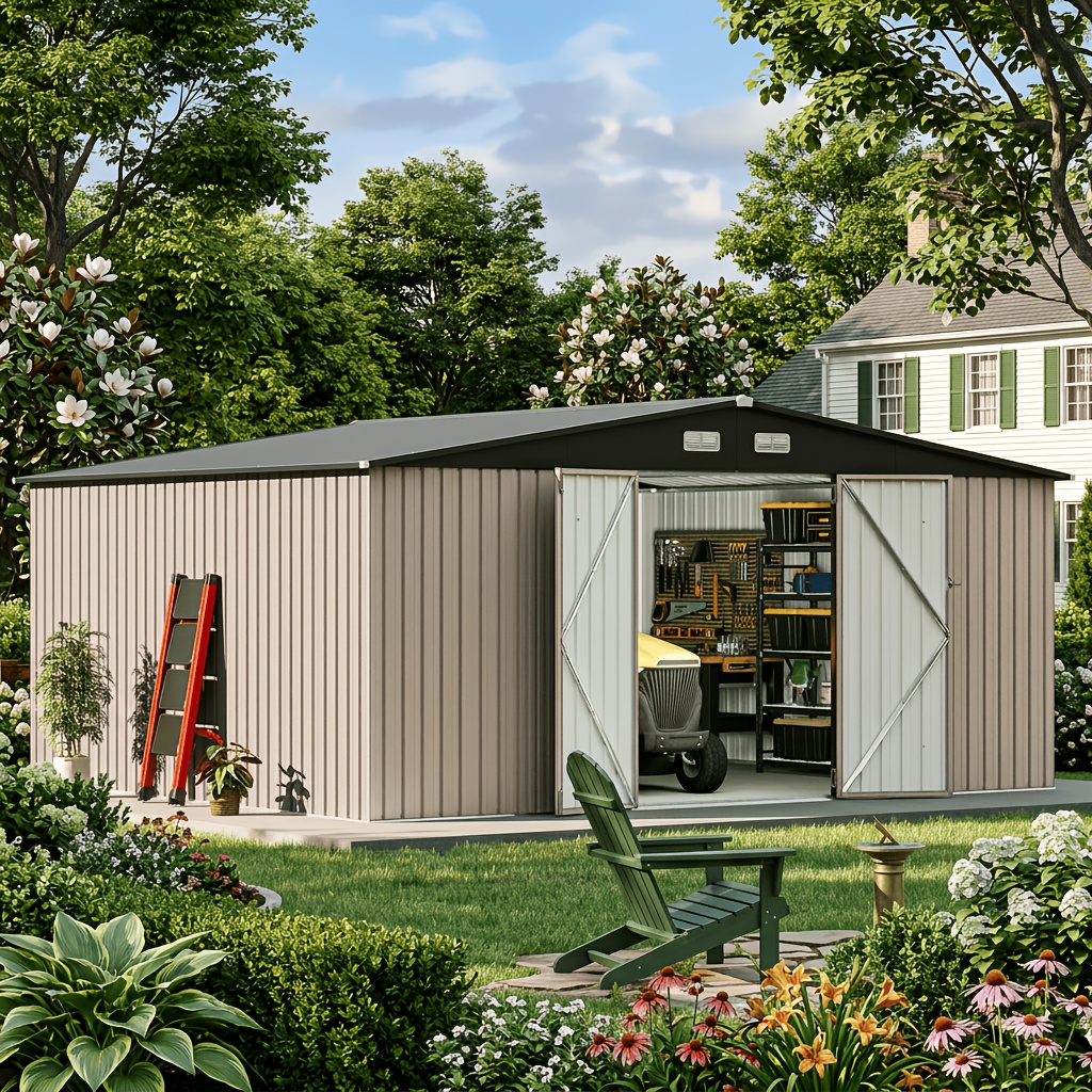 TEMU 14x12 Ft Large Outdoor Storage Shed, Galvanized Metal Shed With 2 Lockable Tall Doors And Sloped Roof, Heavy Duty Storage House For Patio,