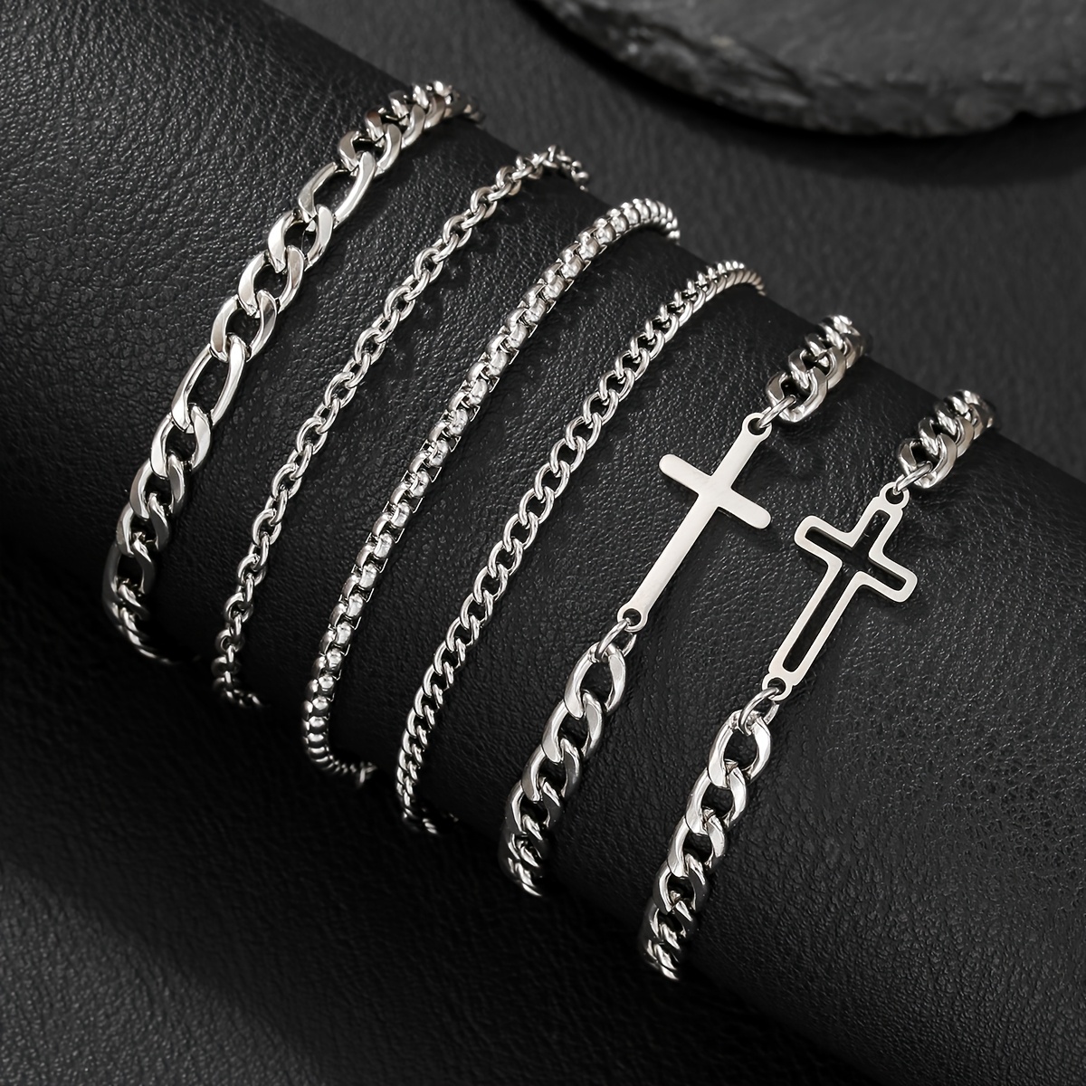 Image of 6pcs/set Unisex 201 Stainless Steel Chain Bracelets, Hip Hop Cross & Cuban , Waterproof Stackable Jewelry For , Daily & Party Accessories