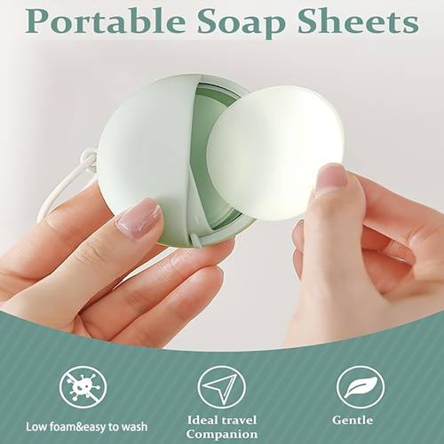 50pcs portable hand wash soap sheets with loop disposable round soap strips for face cleaning floral scented soap paper quick foaming rotating soap box gentle skincare suitable for camping hiking and outdoor activities soap bar for hand was
