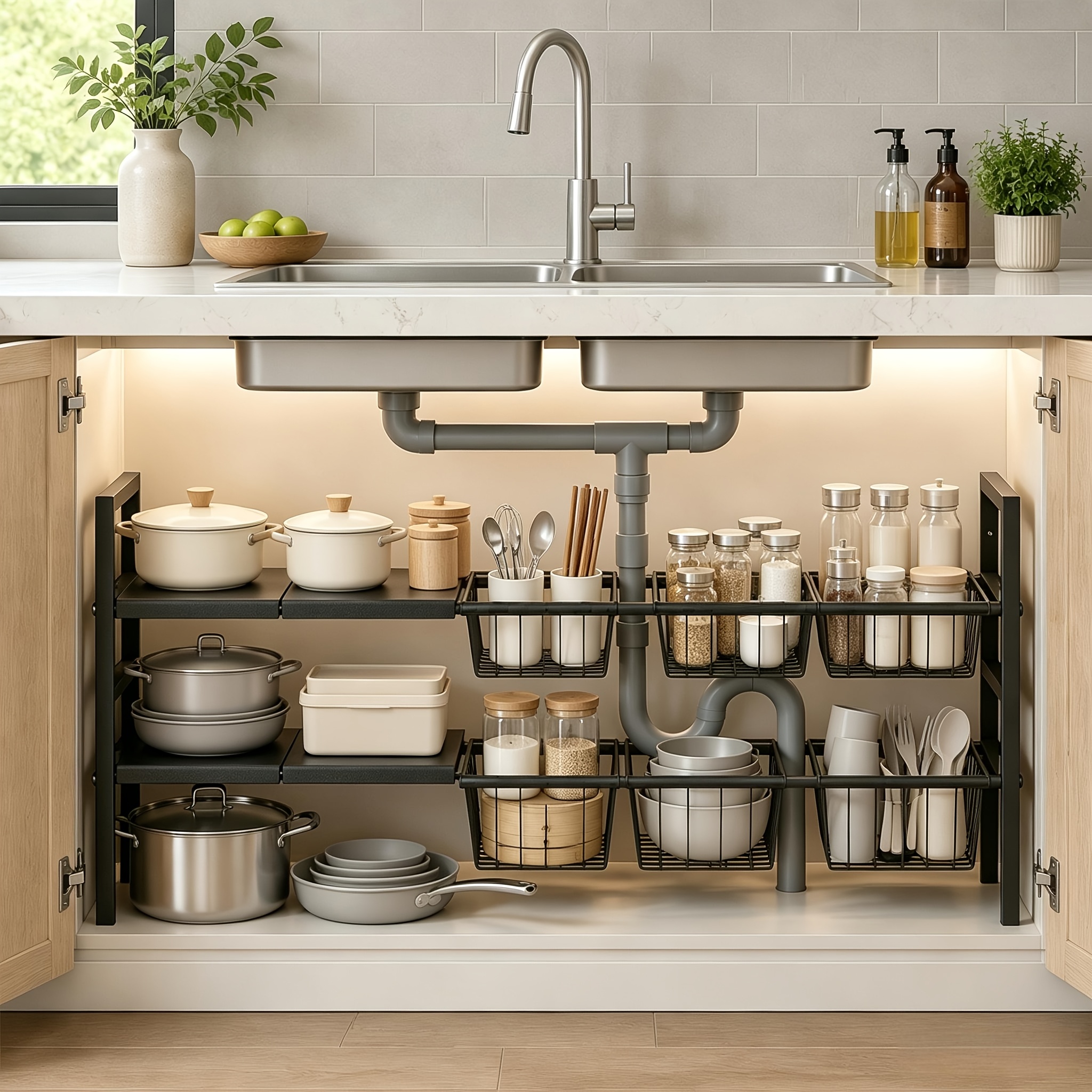 Double-layer Expandable Under-sink Storage Rack, With 4 Detachable Panels And 6 Baskets, Adjustable Width Range 52-97cm, Suitable For Kitchen Bathroom Cabinet Storage (black, White)