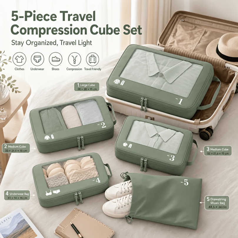 TEMU 5pcs Compression Suitcase Organizer Set, Travel Storage Bag, Clothing Protection Bag, Nylon Packing Storage Bag, Suitable For Clothing, Pants,