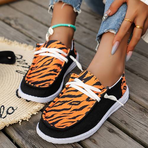 and autumn large size womens casual sports shoes with printed color blocking and lace flat and non slip women shoes
