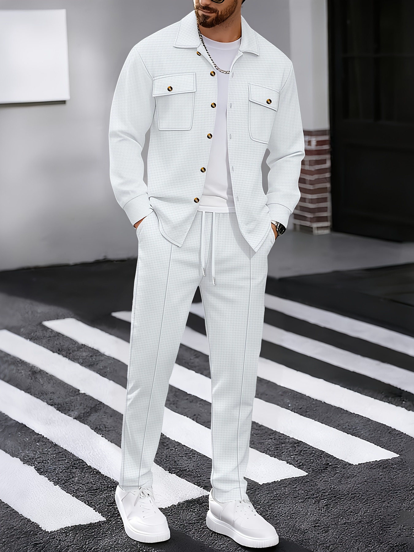 Conjunto Casual de Waffle para Hombre para las Cuatro Estaciones | Camisa Abotonada con Cuello Solapa, Bolsillo Doble en el Pecho, Manga Larga, Pantalones Largos, Conjunto de Dos Piezas, Ropa Versátil para Exteriores, Ligero, Sin Arrugas, Portátil