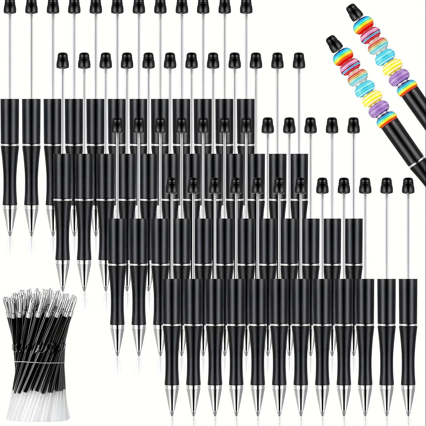 

60pcs, 60pcs Black Plastic Beaded Pen Set With Beaded Ball Pen And Refill Diy Creative Beaded Pen Making Craft Party Gifts