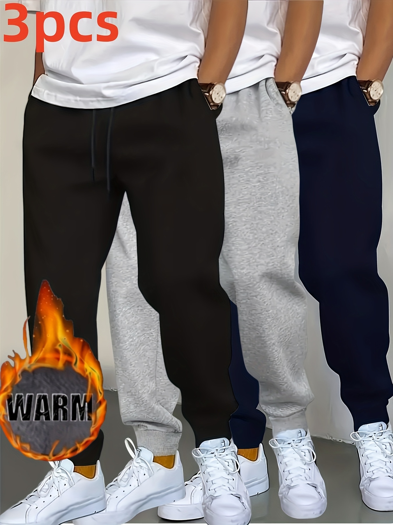 3 pc fleece lined pants winter mens long trousers autumn and winter warm thickened outdoor casual drawstring pants fleece lined underwear casual sports