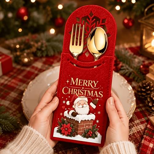 juego de 10 bolsas de fieltro para cubiertos con decoraciones recortadas de de nieve - engrosadas, adecuadas para de mesa de fiestas de navidad y , para restaurantes, hoteles, decoraciones de mesa festivas, regalo para almacenamiento de utensilios