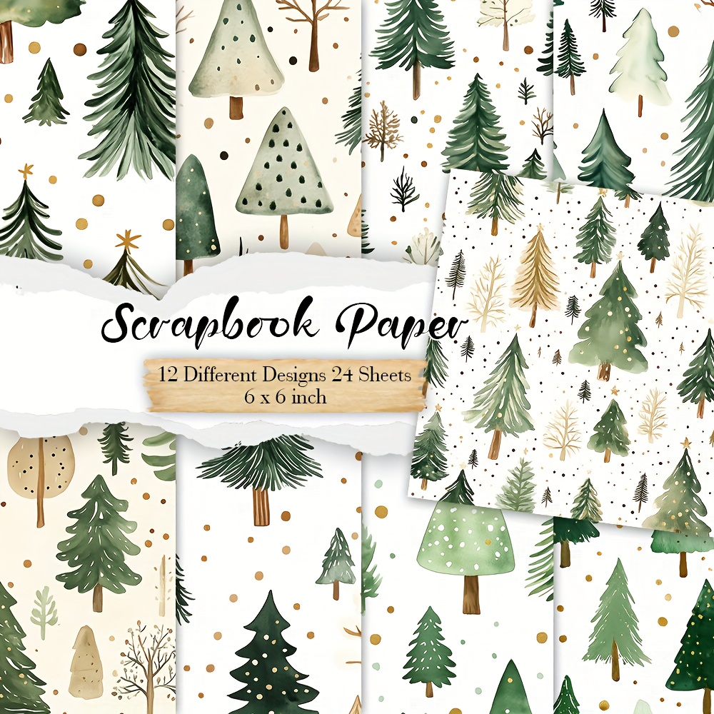 A Collection Of 24 Sheets Of 6x6 Inch Paper, Perfect For Diary Scrapbooking, Album Backgrounds, Crafts, Card Creation, And Journaling, Featuring A Decorative Winter Pine