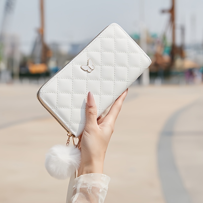 

Quilted Embroidery Butterfly Knot Wallet With Pompom Charm, Fashionable Casual Pu Clutch With Multiple Card Slots