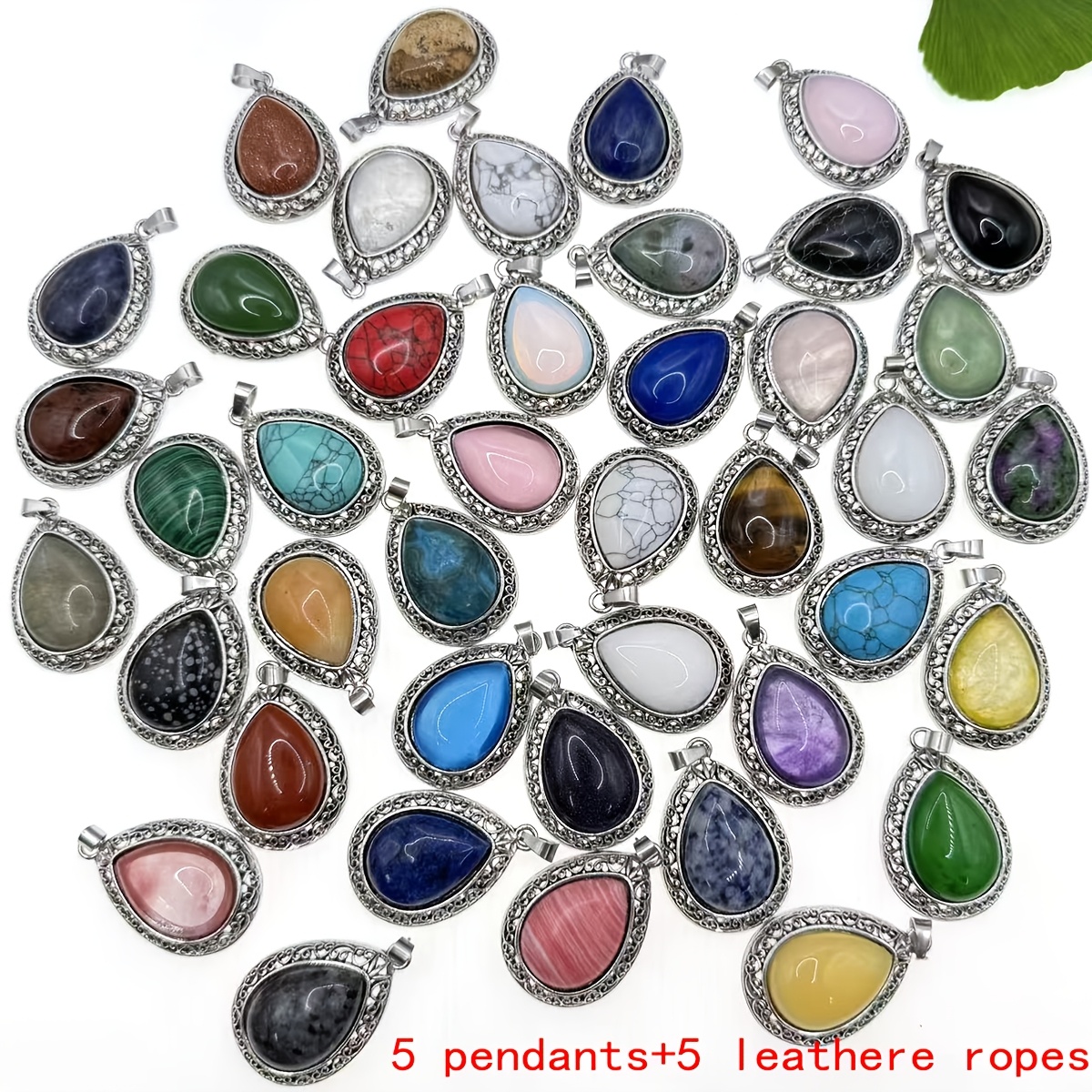 TEMU 10pcs Set, Random Colors, Natural Stone Teardrop Vintage-style Pendants, Trendy For Women, An Gift , Exquisite For Daily Wear, 5 Pendants + 5