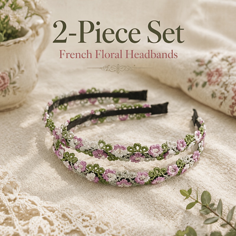 TEMU 2pcs Crochet Flower Headband, Handmade Embroidered Floral Hair Hoop, Hair Accessories For Women