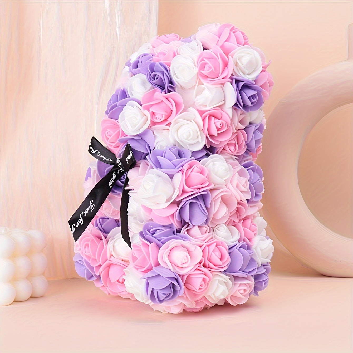 1*-Color Artificial Rose Bear with Foam Flowers Purple, White  Lavender, Black Ribbon Accent Valentine's Day, Mother's Day, A