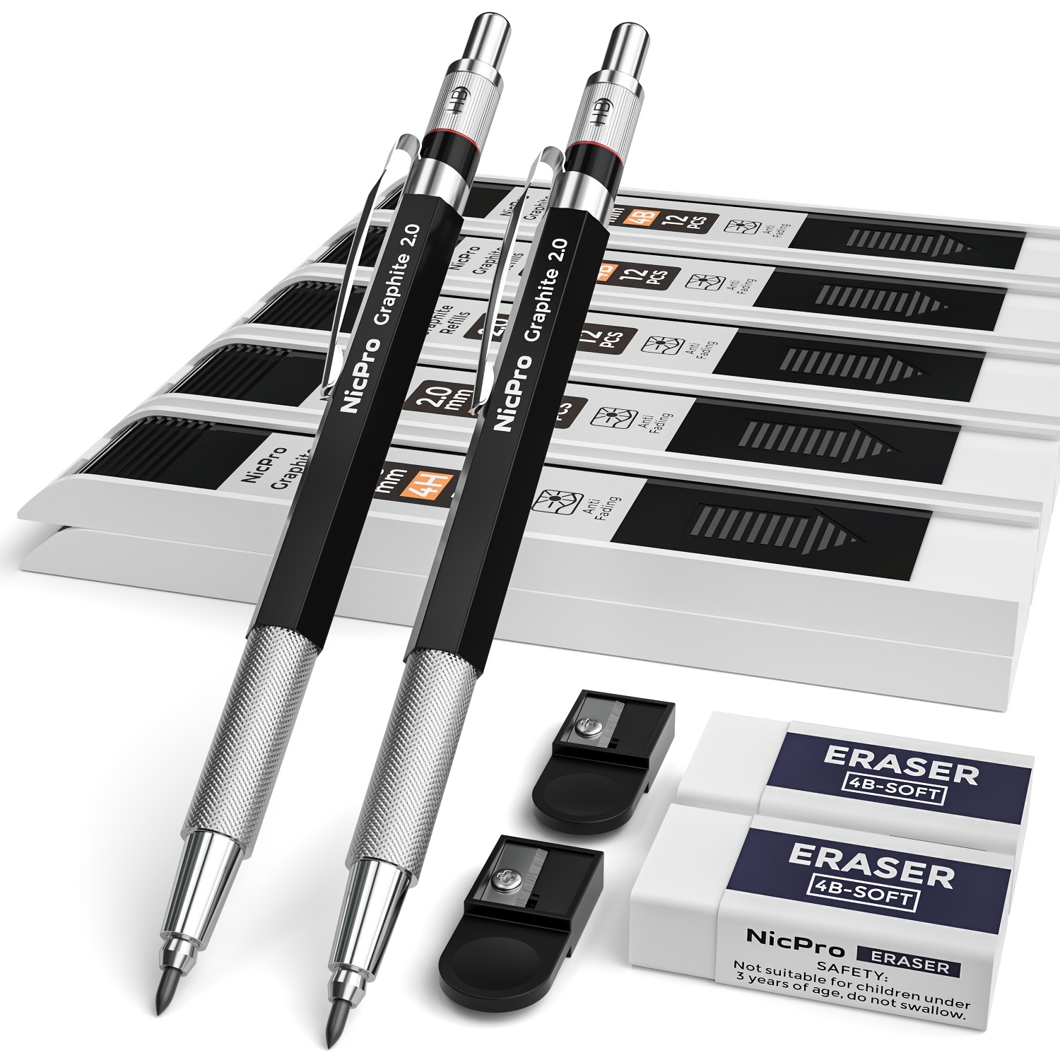 Image of 2mm Metal Mechanical Pencil Set, 2pcs Lead Holder 2.0mm Marker Artist Carpenter Pencils With 120pcs Graphite Lead Refill (hb 2h 4h 2b 4b And Color), 2 Erasers For Drafting, Drawing Writing Sketching