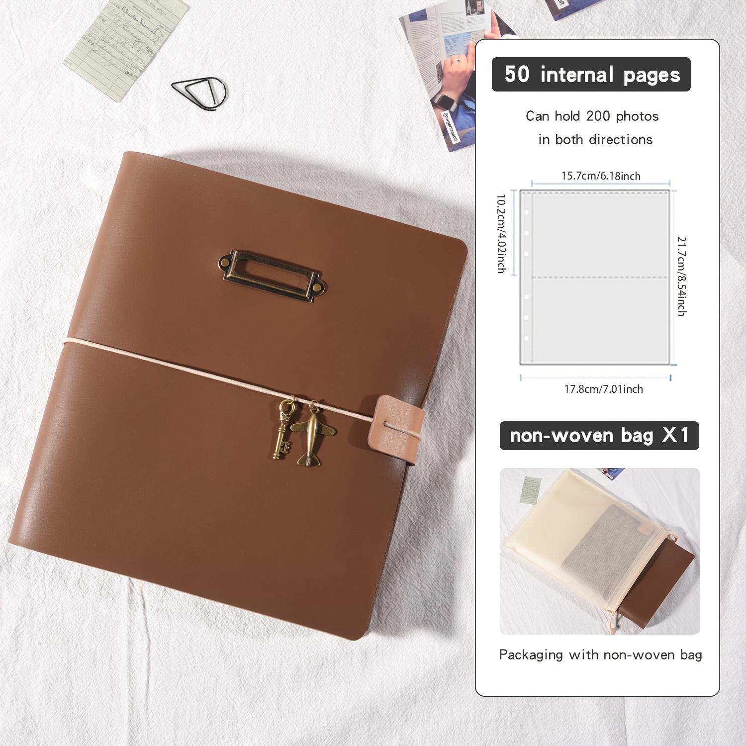 TEMU Couverture Vintage en Cuir PU avec Sangles et Pendentifs Rétro, Grande pour 200 Photos, Style Insert, Album Photo 4R de 6 pouces, Collection de