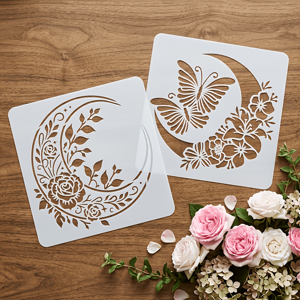 TEMU 2pcs Cheap And Pretty Things Reusable Floral Stencils Set - Moon Painting Templates For Room Decoration, Crafting, Father's Day Gift, Wall Art,