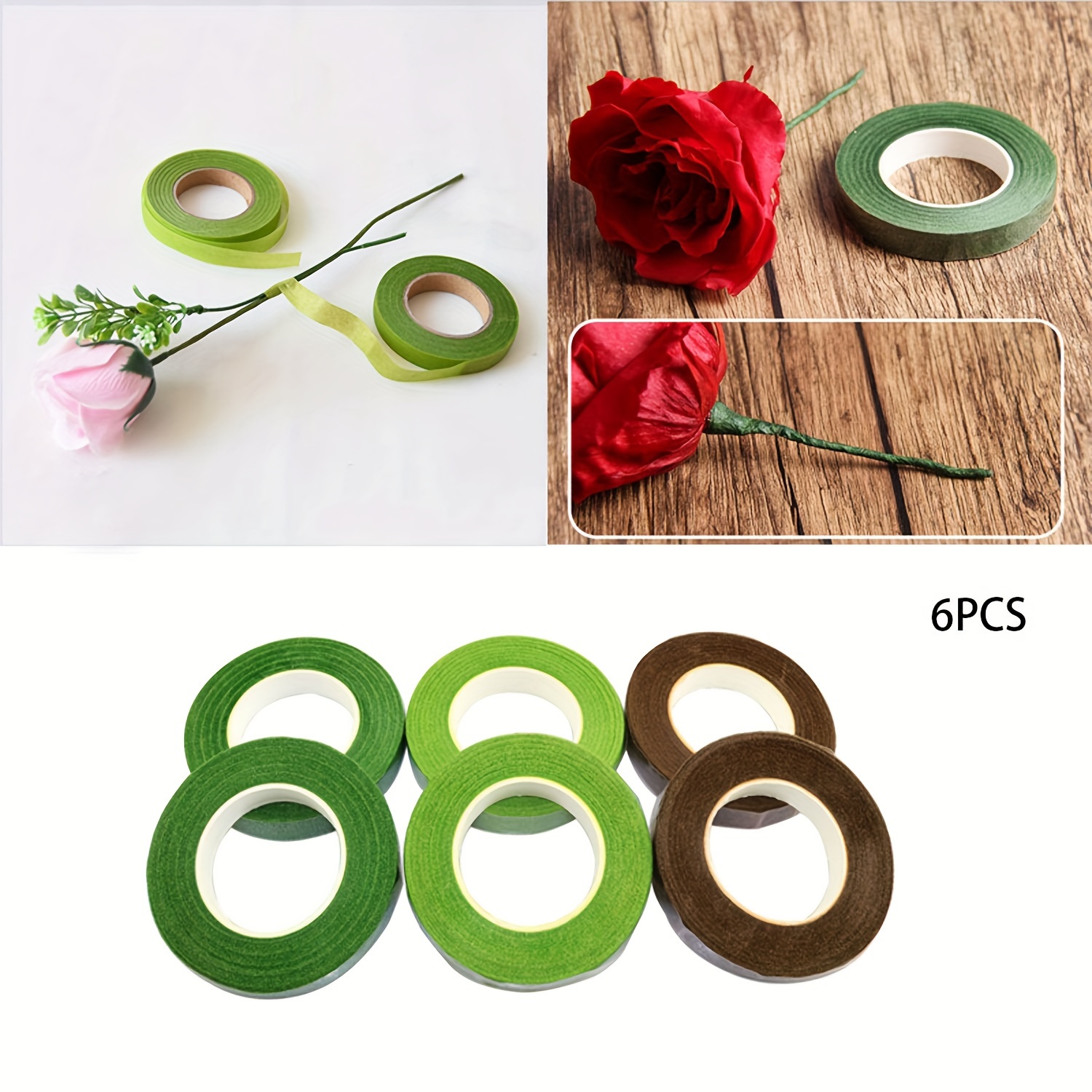 

6 rouleaux de ruban floral pour les arrangements de fleurs artificielles DIY - 2 de chaque vert foncé, et marron, mesurant 1 cm de large et 18 m/6,1 pi de long