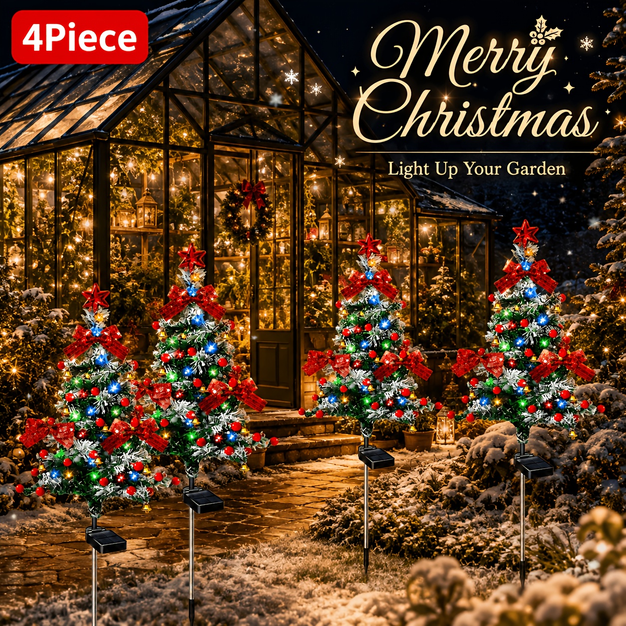 Image of 4-pack 93 Cm Solar Cedar Christmas Tree Stake Lights, Multicolor Led Snow-flocked Pine Lawn Landscape Lights With Red Bows And Star Toppers For Garden , Front Yard, Lawn, And Christmas Entrance Decor