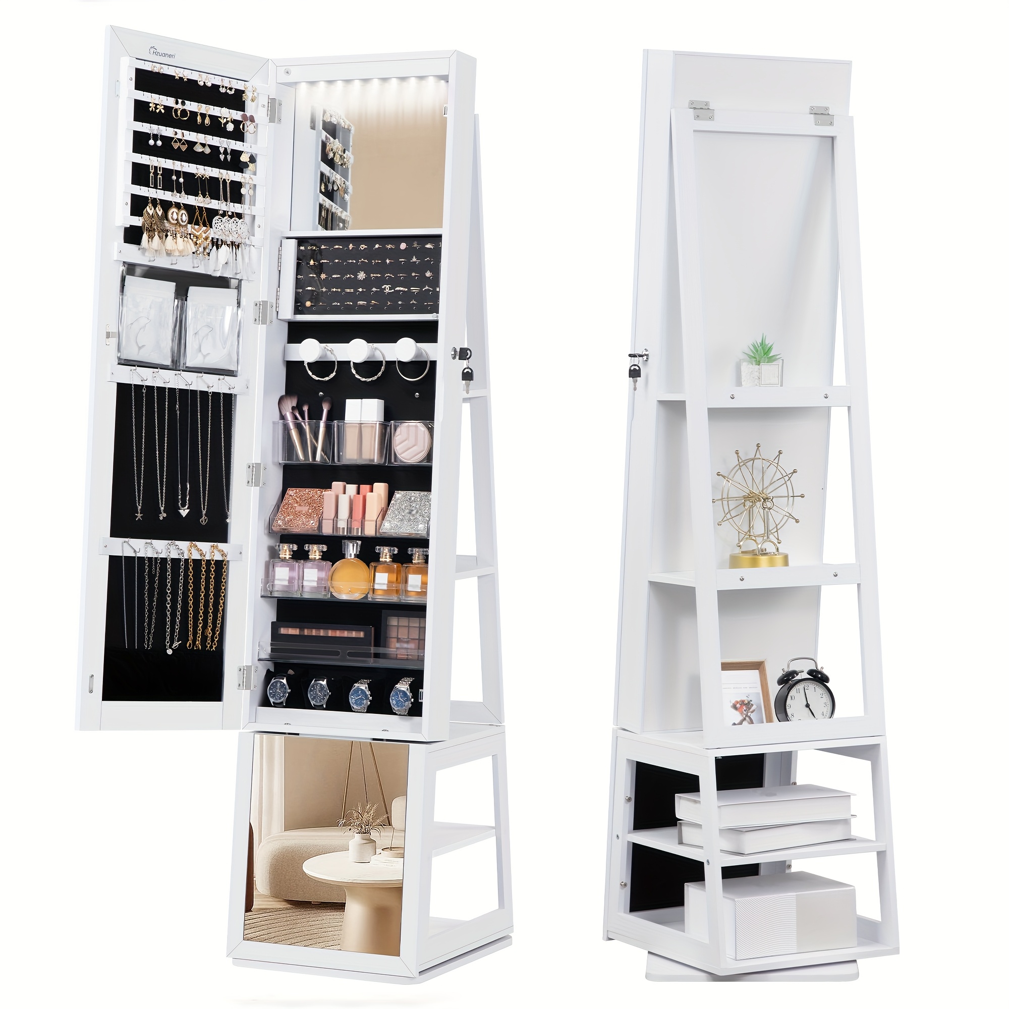 Mirror Jewellery Cabinet, Standing Jewellery Organiser With 360° Rotating Base, Full Length Lockable Mirror, Large 4-tier Storage Compartments, 4-in-1 Multifunctional, White, Jewelry Armoires