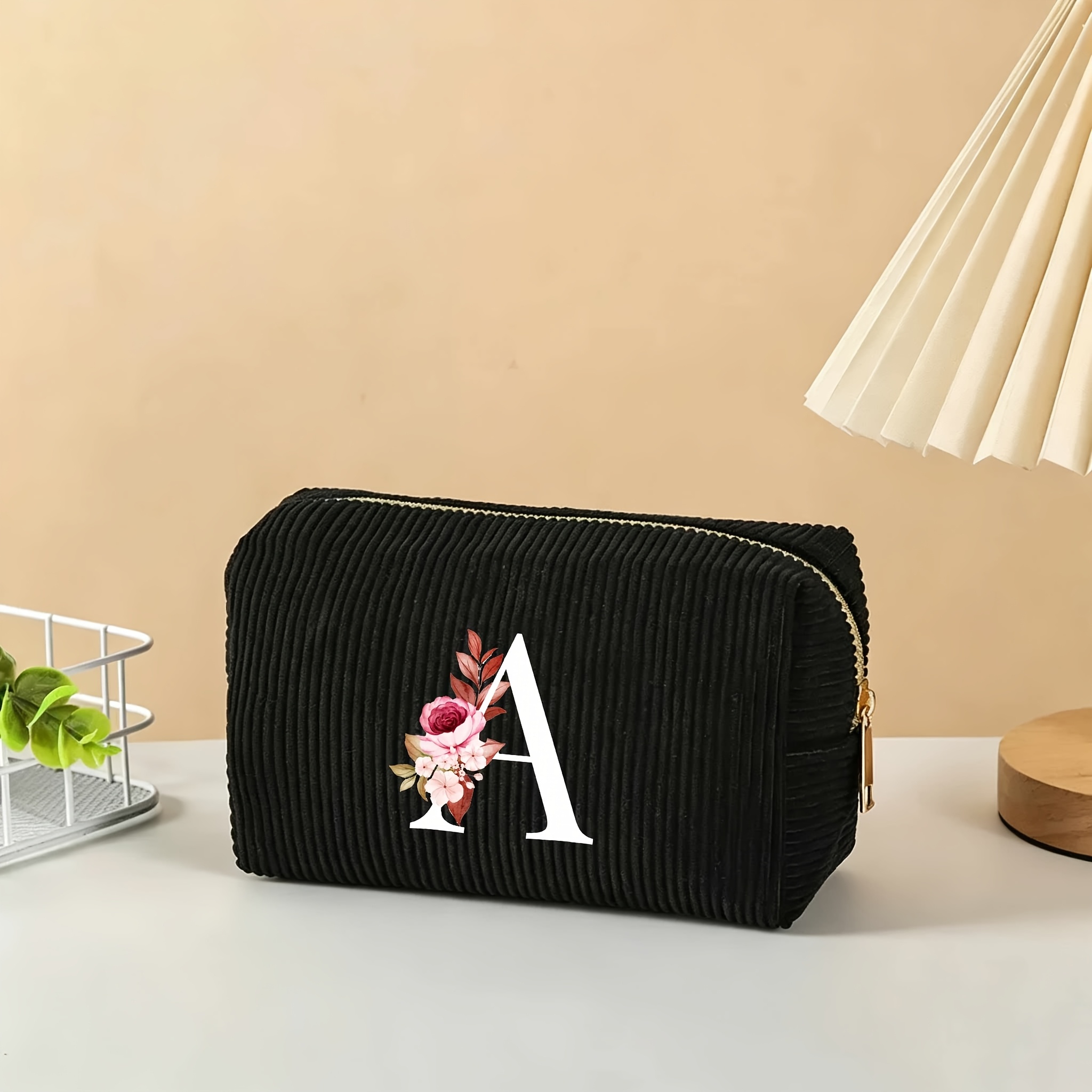 TEMU 1pc Elegant Initial Rose Print Corduroy Makeup Bag - Spacious Travel Cosmetic Organizer, Portable Foldable Design With Secure Zipper, Available: