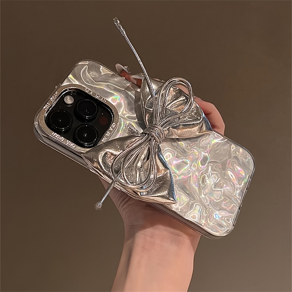 Japan Laser 3D Silvery Artificial Leather Bow Wrinkle Artistic Case for iPhone 15 14 13 12 16 Pro Max 11 Luxury Wave Water Ripple Cover