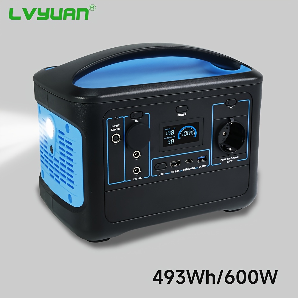 Lvyuan 1000w()600w 493wh Portable Power Station Lifepo4 Battery Ac Output Solar Generator With Batteries, 0-100% In 6 Hour For Camping, Motorhome, Emergency, Rv
