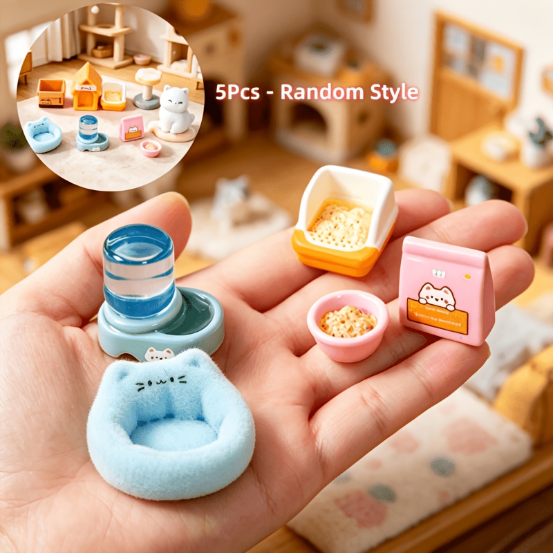 TEMU 5pcs Miniature Pet Supplies Set - 1:12 Scale Miniature Simulation Cat Food Bowl, Water Dispenser, Cat Bed Mat, Litter Box (styles Random),