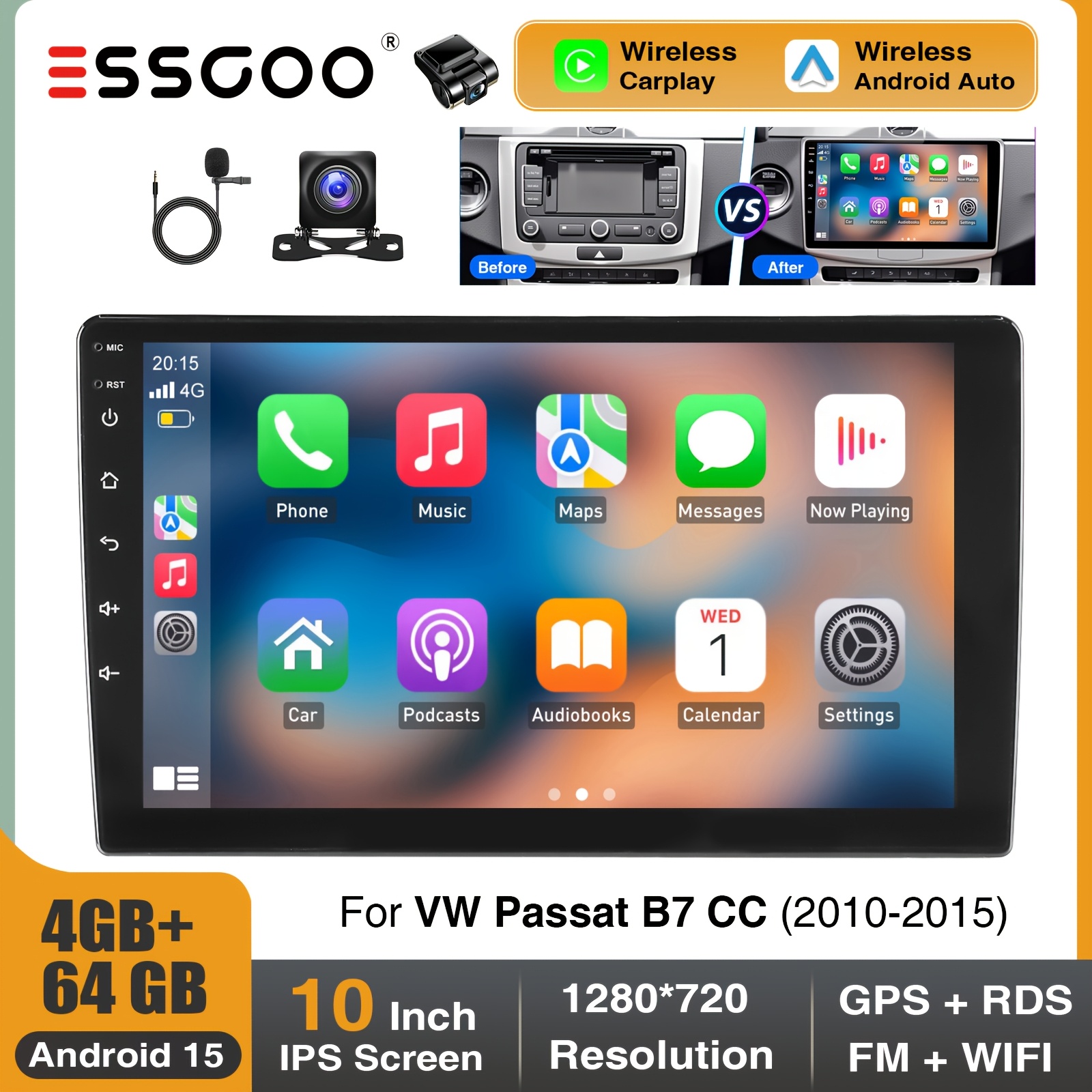 Essgoo 10.1 Inch 4+64g 15 Car Stereo For Vw B7 2010-2015 | 2 Din Ips Touch Screen With And Auto, Fan Cooling | Gps Wifi Fm Rds | Steering Wheel Control | Eq Sound Setting | , With Microphone & Ahd