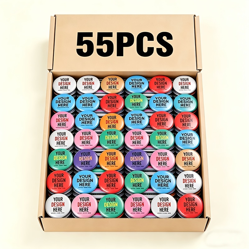 TEMU 55pcs Boxed Custom Metal Brooch Badges - Personalized Text, Photo, Or Image Team Logo Badges, Suitable For Bags, Hats, Clothing - Promotional