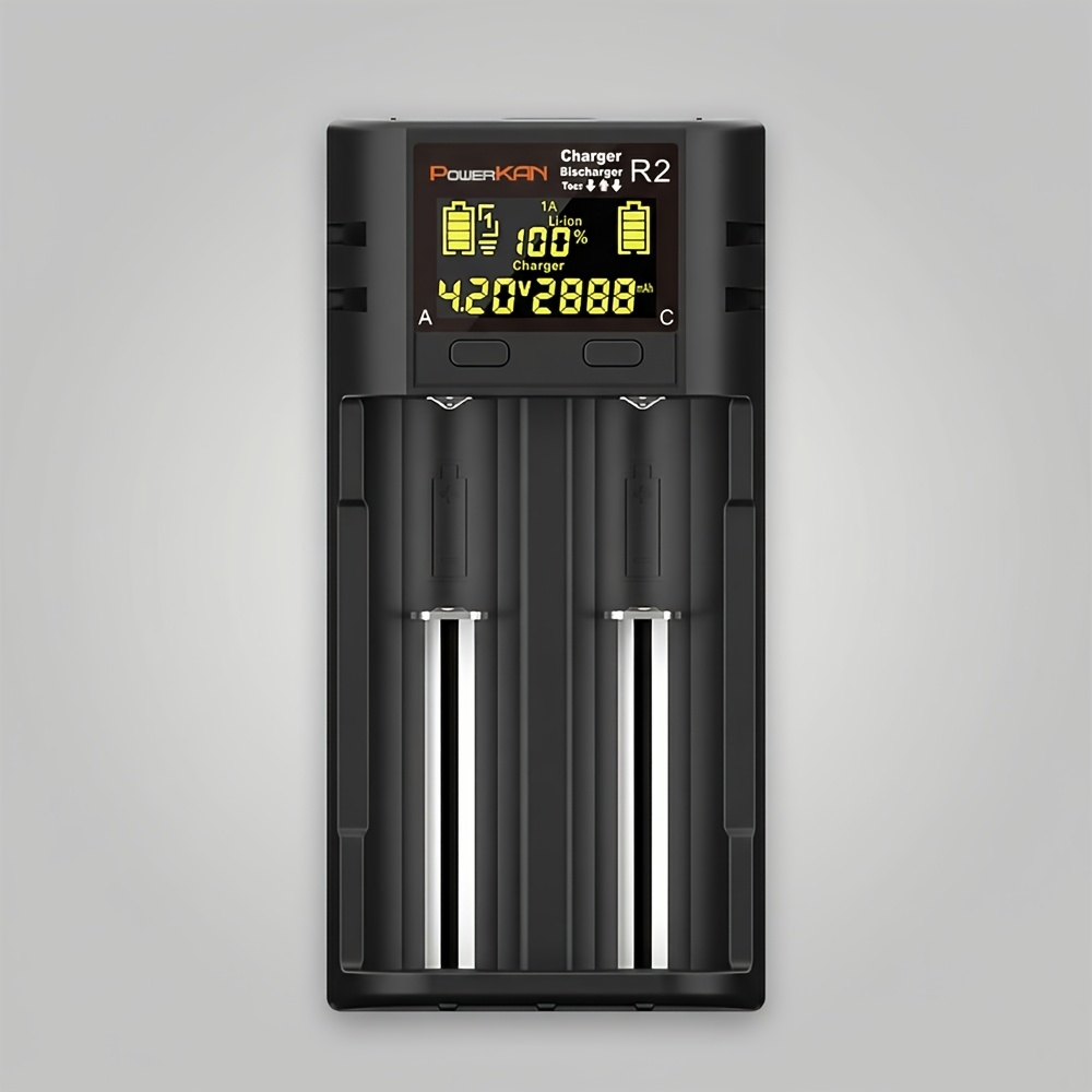 TEMU Cargador inteligente LCD POWERKAN de 2 ranuras, universal para baterías 18650 de iones de litio y Ni-MH, carga rápida Tipo- prueba de capacidad