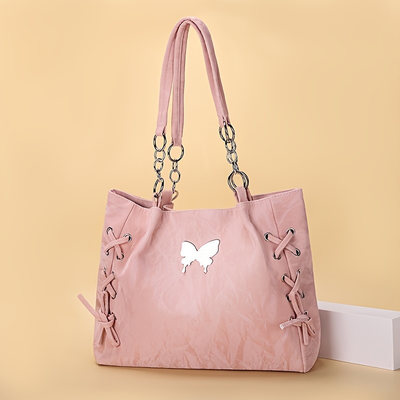 

Stylish Drawstring Design Women's Tote Bag, Casual Pu Leather Shoulder Bag With Large Capacity, Trendy And Simple Fashion Accessory, Butterfly Decor Handbag