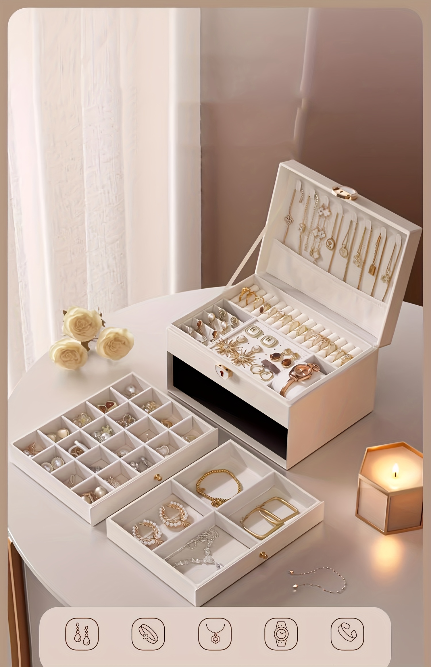 fashionable high end jewelry storage box with three drawers large capacity elegant desktop display box multiple compartments for necklaces earrings rings and bracelets no power required Product details 2