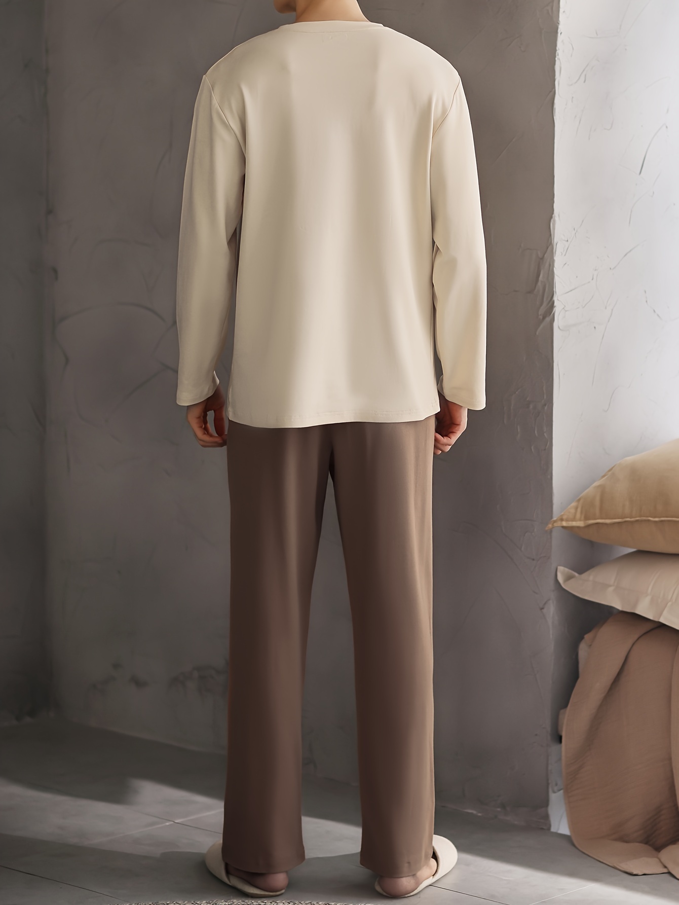 Men's Cotton Sleepwear Set - Casual Crew Neck Long Sleeve Pajama with Pockets - Geometric Pattern Knit Fabric Lounge Set for Spring/Fall - 100% Cotton Comfortable PJ Set with Slight Stretch