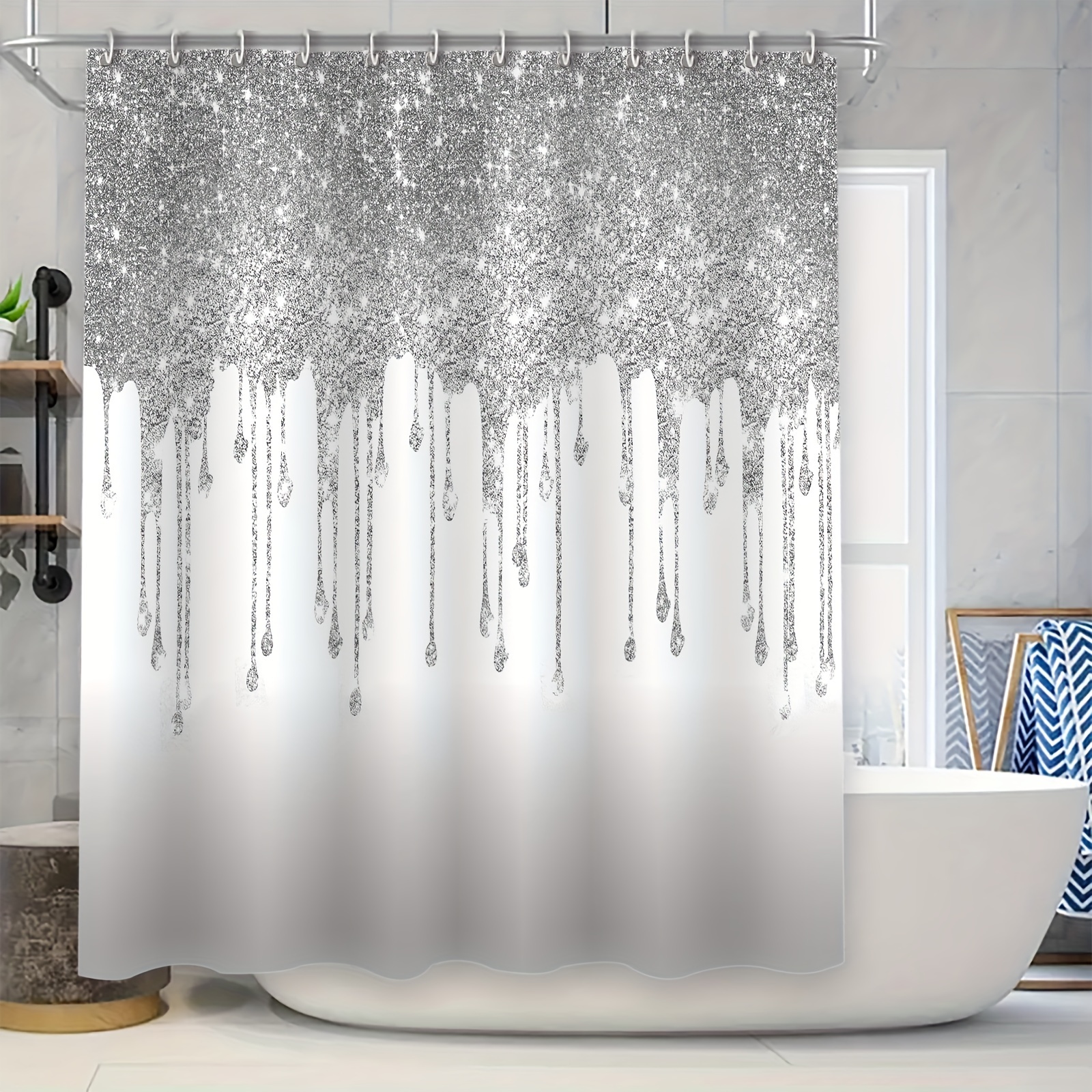 

1pc Sparkling Silver Diamond Design Shower Curtain Set With 12 Hooks, 70.8x70.8 Inch, Waterproof, Mold-resistant, Stylish Bathroom Partition Curtain For Home Restroom Bathtub Decor