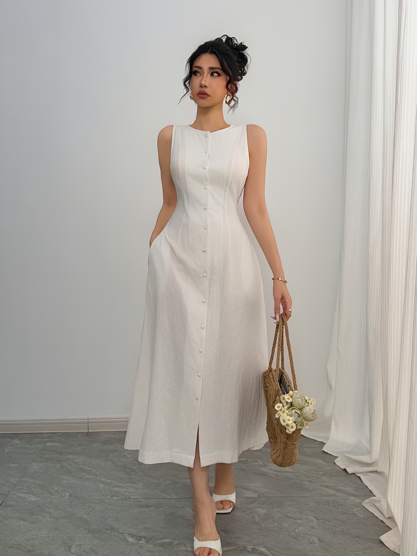 Elegant Sleeveless Dress White *-Length, Peplum Fit with Button Detail  Spring/Summer, Casual to Semi-Formal Attire, Casual Attire|Pe