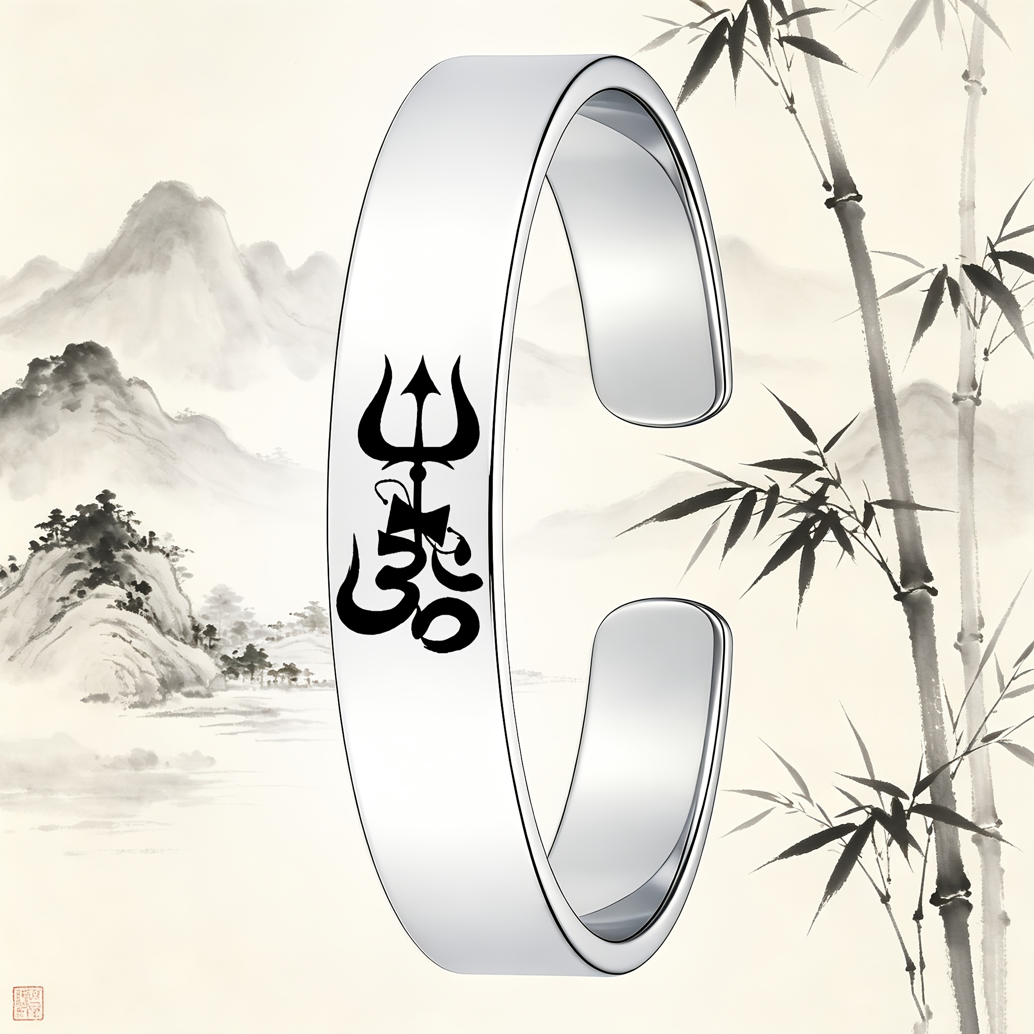 Hindu Spiritual Totem Stainless Steel Open Bangle