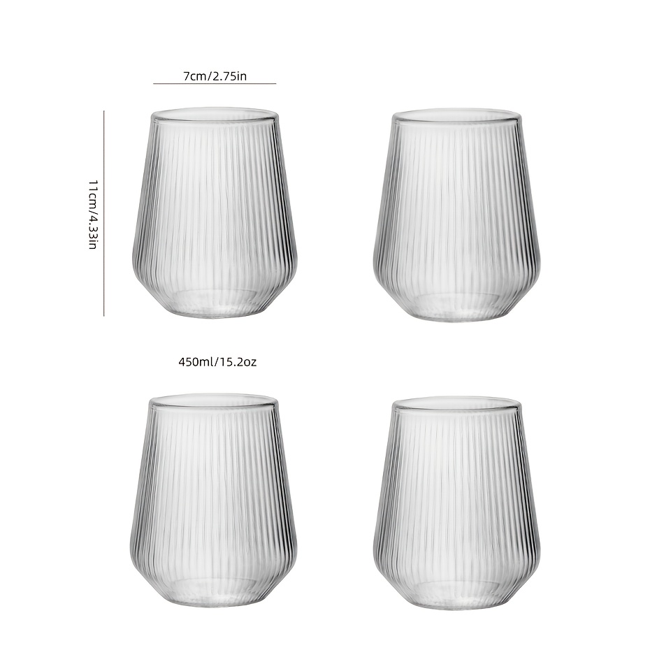 Image of Set Of 4 Vertical Striped Glass Cups - 450ml Large Capacity, Suitable For Iced , Sparkling Water, Juice, And . Made Of High Borosilicate Glass - Resistant To Cold And Heat, Perfect For Christmas