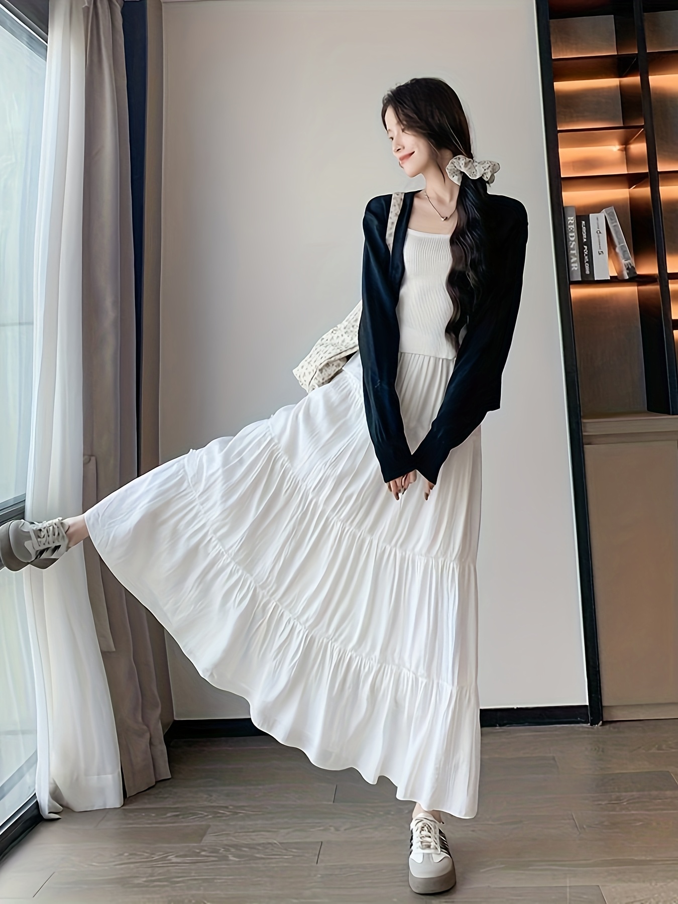 stylish white french long dress elastic waistband a line - Temu