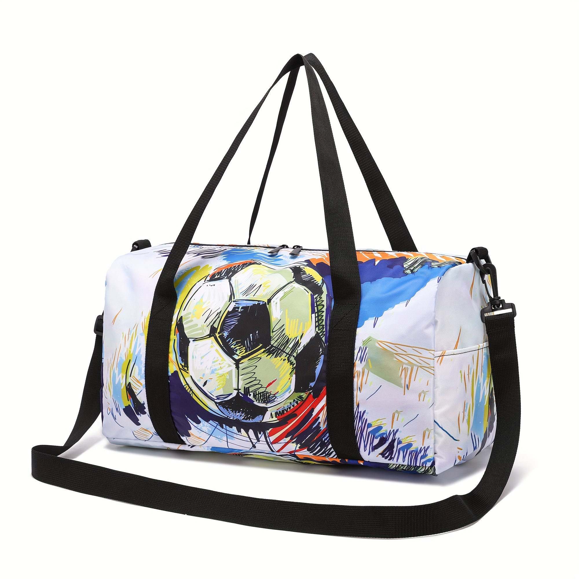 

Soccer Ball Printed Polyester Duffle Bag, Large Capacity Adjustable Shoulder Training Bag, With Positioning Printing, Hand Washable - Black