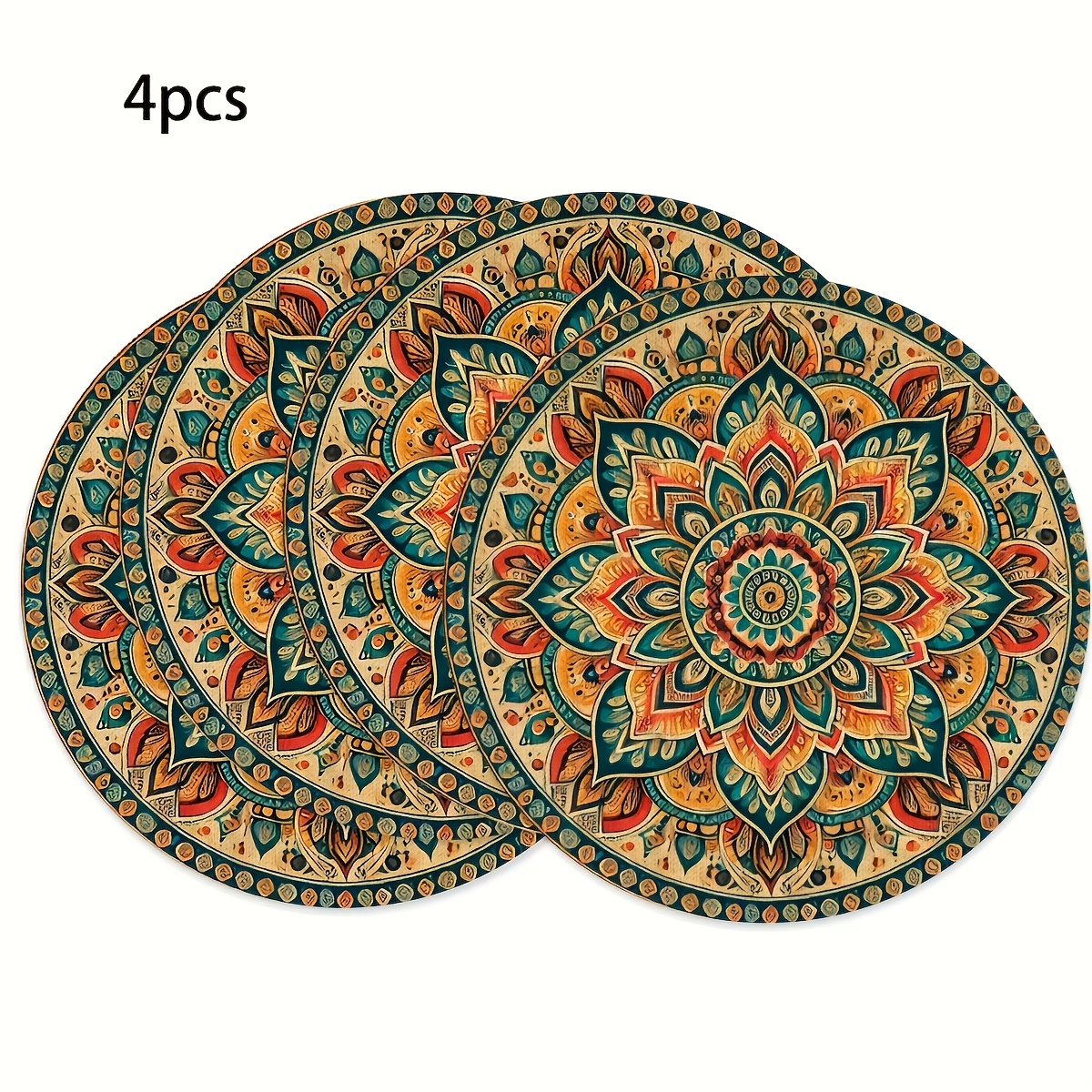 TEMU 4pcs Sets de Table Ronds Vintage Bohème à Motif Floral - 38,1x38,1cm Sets de Table en , Lavables en Machine, Motif Mandala, Adaptés pour Salle à