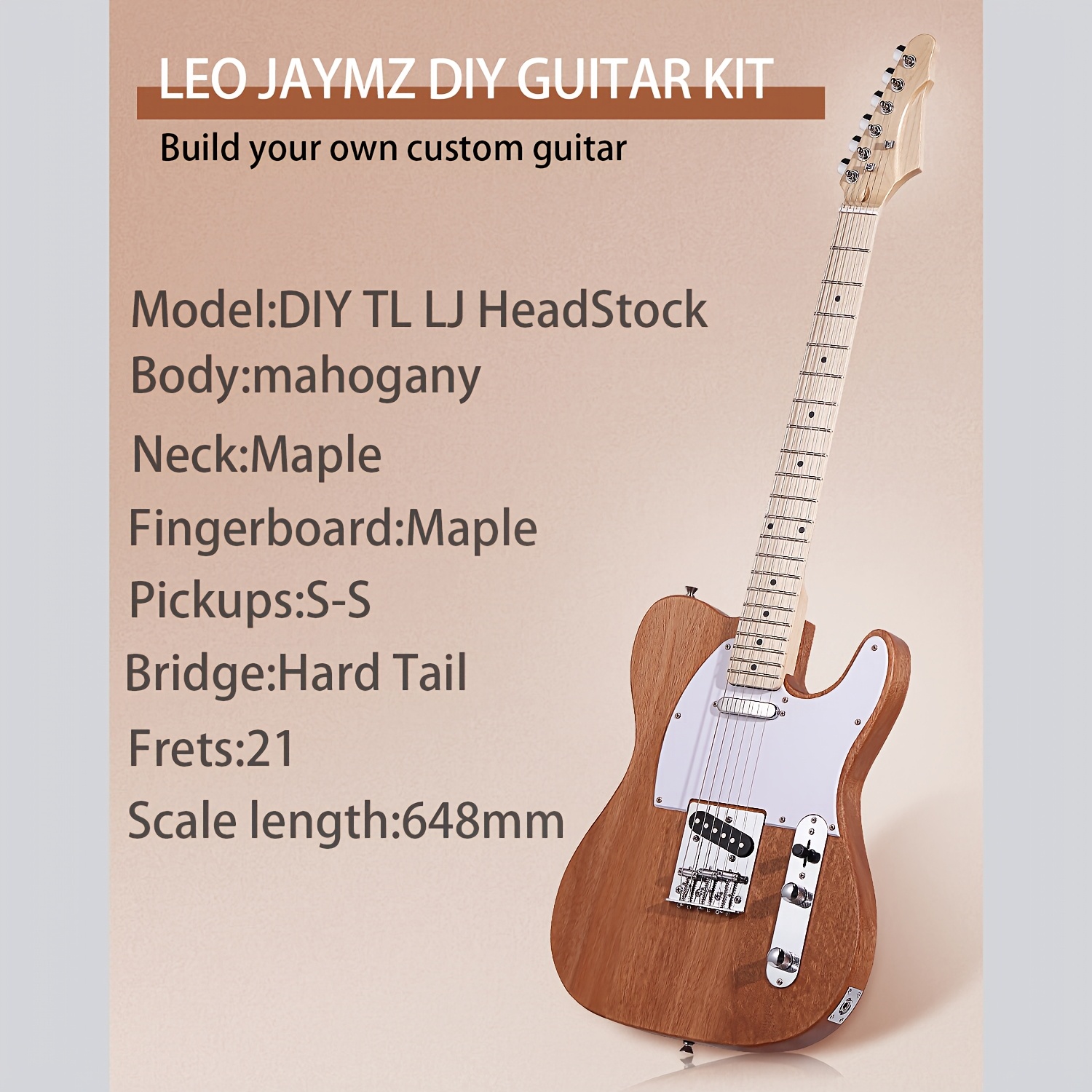Leo Jaymz DIY Electric Guitar Kit - Mahogany Body, Ebony Fretboard, 1pc S-H Pickup Configuration - Fixed Bridge, Fully Enclosed Tuning Pegs, 21 Frets, Maple Neck, Room Electrical Wiring