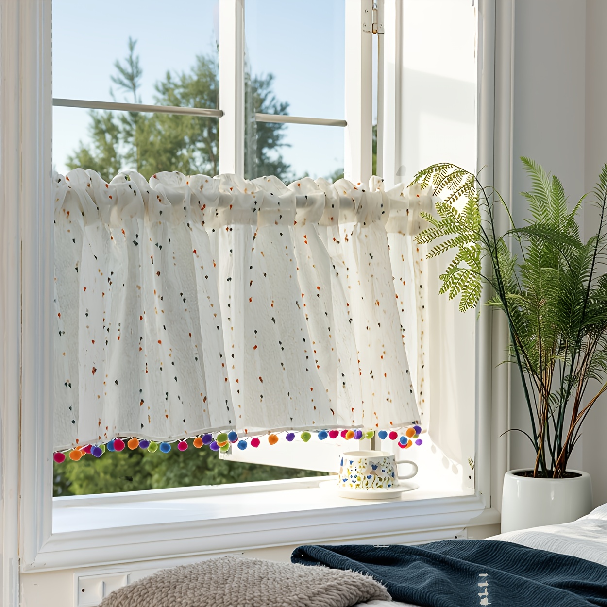 Image of Nordic Style Striped Bean Yarn Sheer Curtain Short Curtain Half Curtain Small Window No-drill Kitchen Bedroom Short Curtain Door Curtain Partition Curtain, Christmas Decoration Curtain